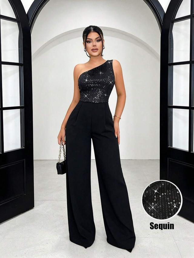 black one shoulder sequined fitted waist wide leg jumpsuit