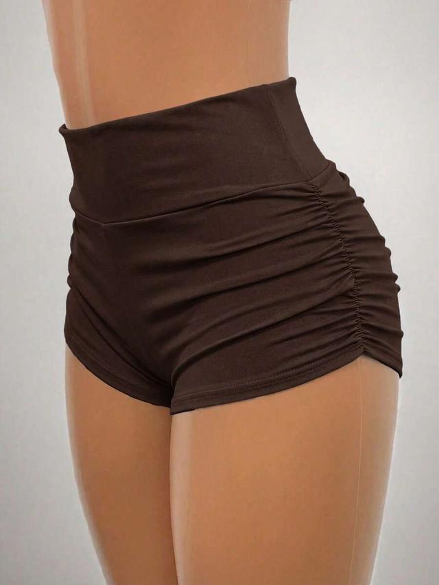 solid brown high waist ruched casual shorts