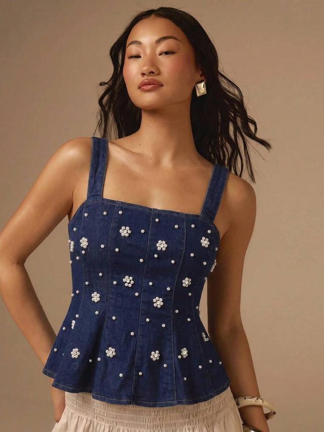 pearl decorated sleeveless denim peplum top