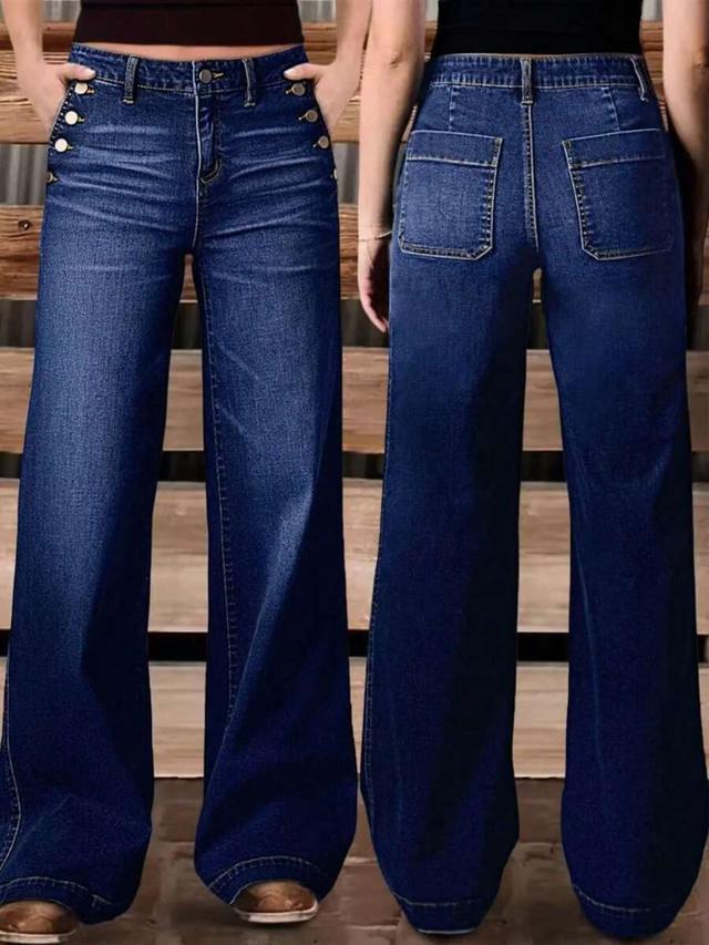 women's multi-button washed straight leg denim jeans