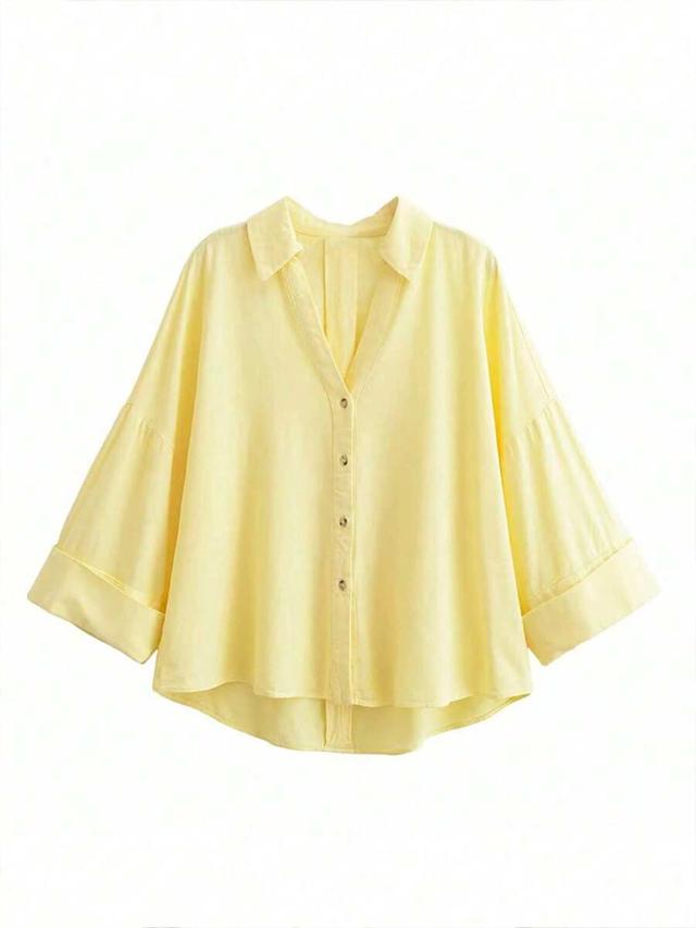 women's yellow turndown collar loose casual blouse