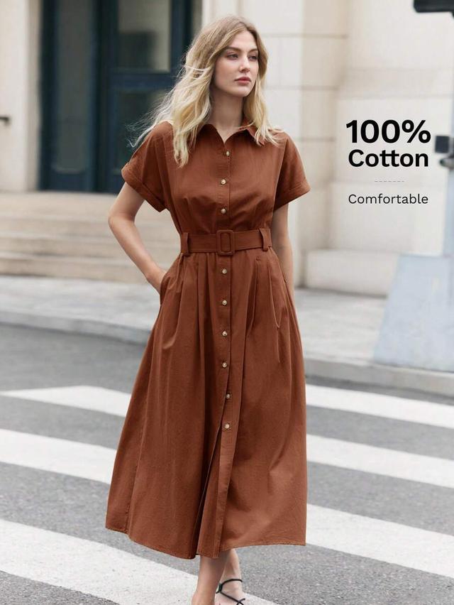 brown cotton shirt dress with waist belt