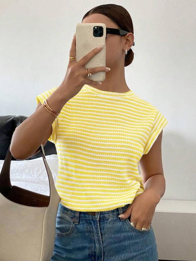 striped yellow and white round neck cap sleeve top