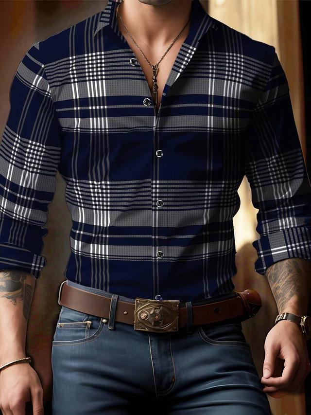 men's classic navy and grey plaid long sleeve shirt
