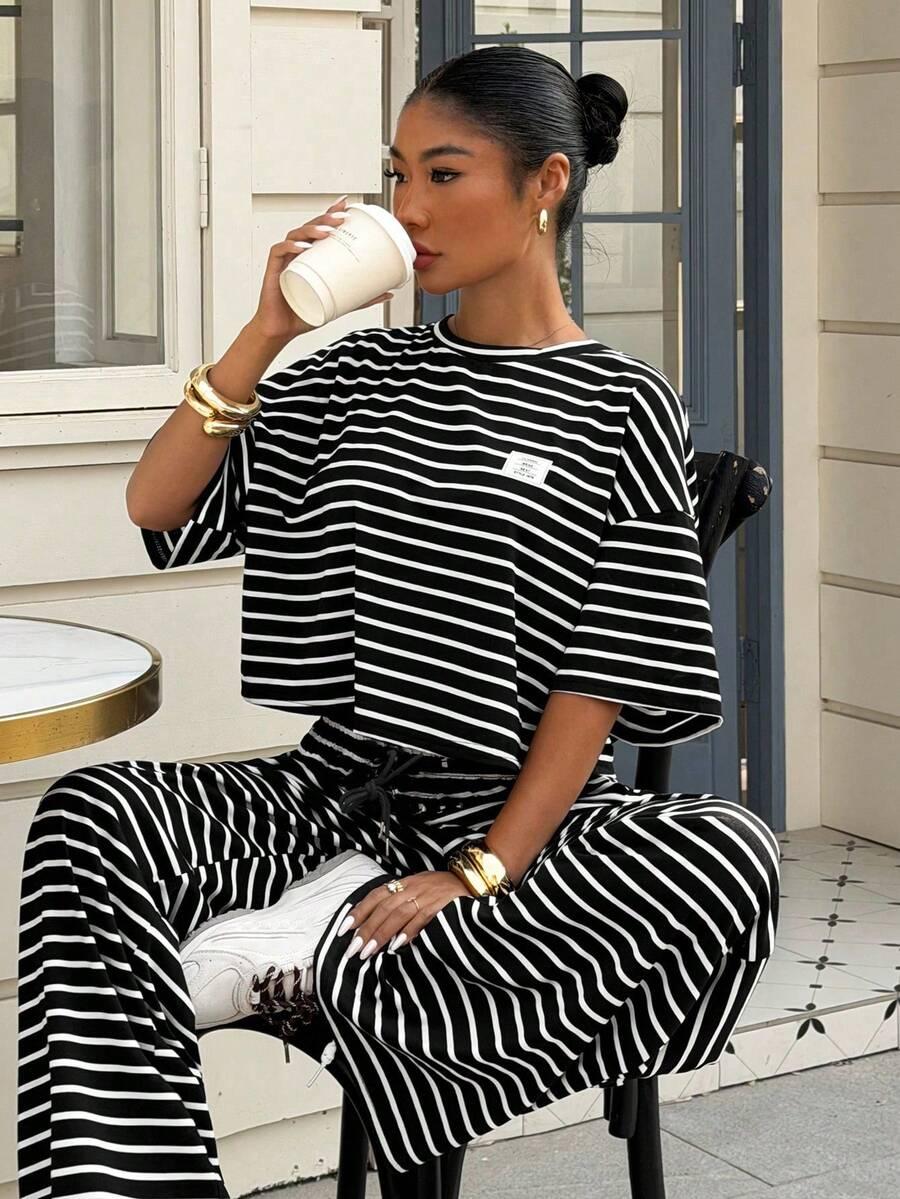 black and white striped knitted casual lounge set