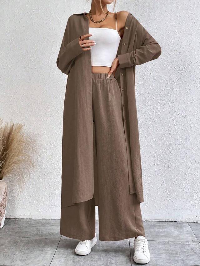 solid color long button-down shirt and wide-leg pants set