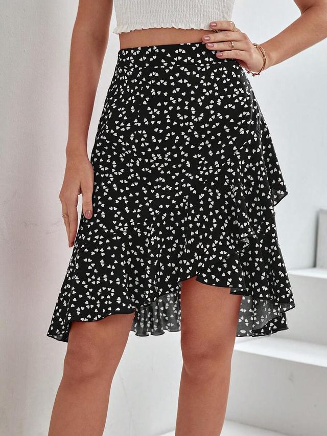 heart print asymmetric hem casual summer skirt