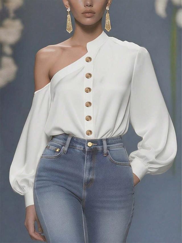 woven fabric one shoulder long sleeve shirt