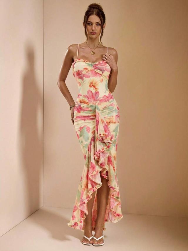 floral print ruched ruffle hem maxi dress