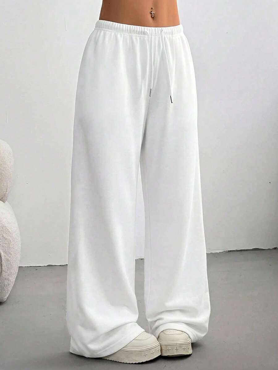 white casual solid color wide leg sweatpants