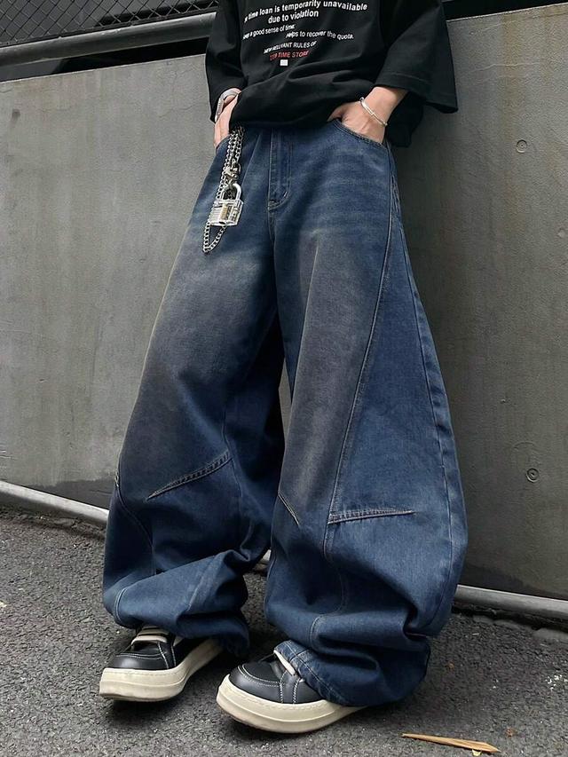 men's distressed vintage wash loose fit patchwork straight leg jeans