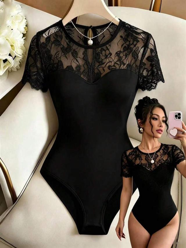 black lace short-sleeved bodysuit with round neck
