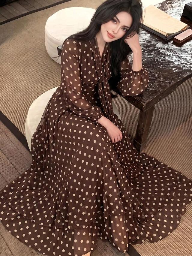 elegant brown polka dot long sleeve flared dress