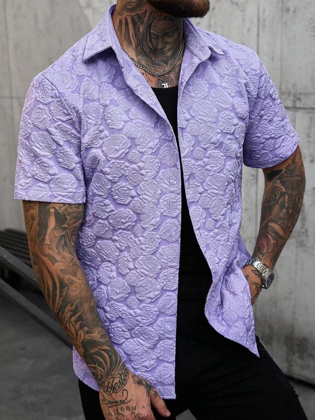 lavender floral jacquard short sleeve casual shirt