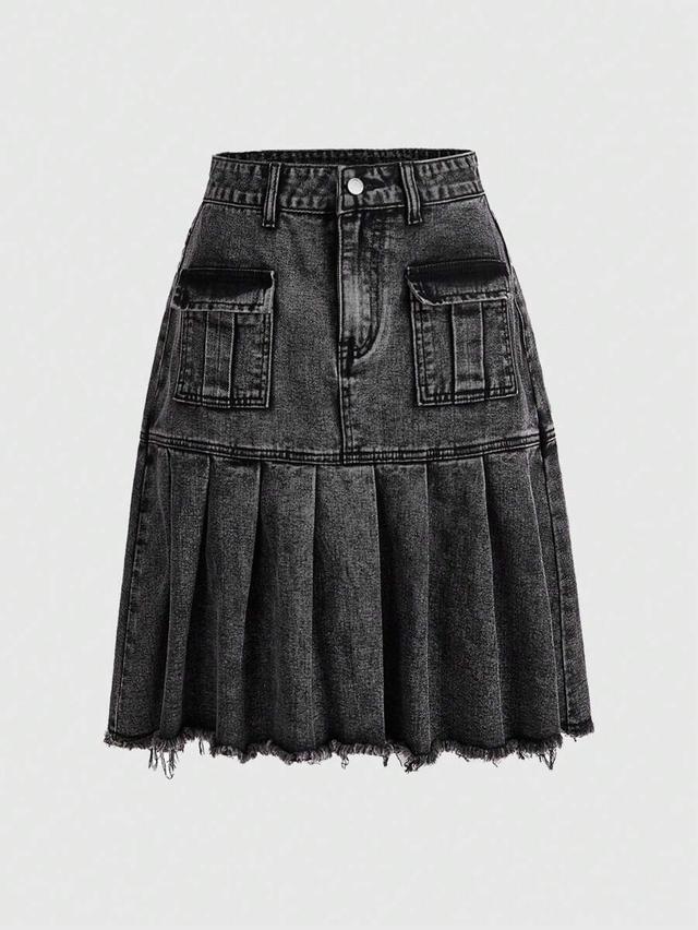 charcoal grey denim pleated cargo skirt