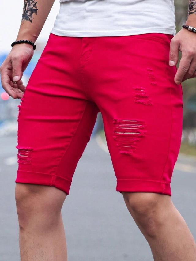 red solid color ripped denim shorts