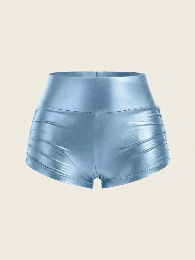 light blue metallic pleated high waist shorts