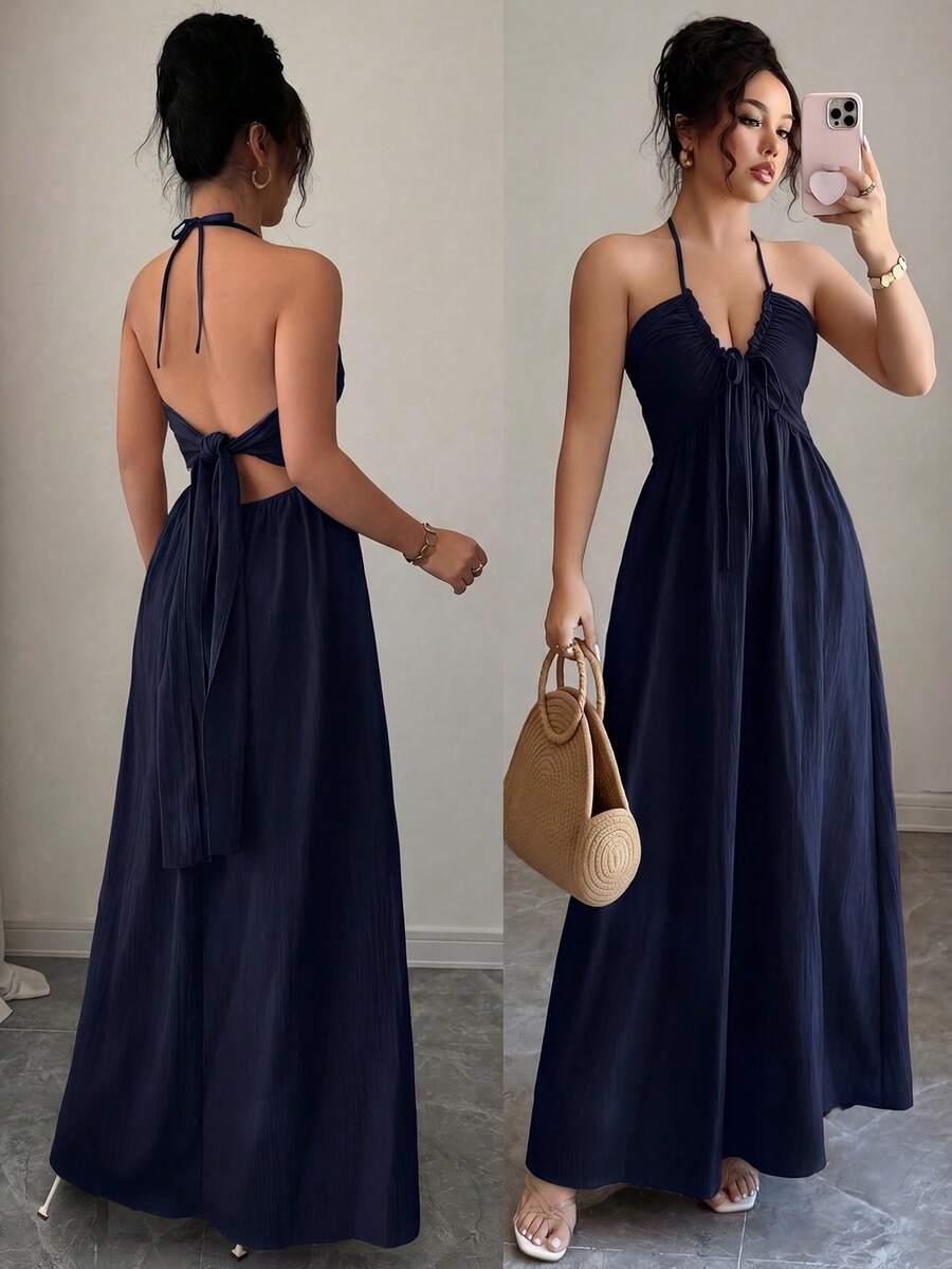navy blue backless tie neck a-line summer dress