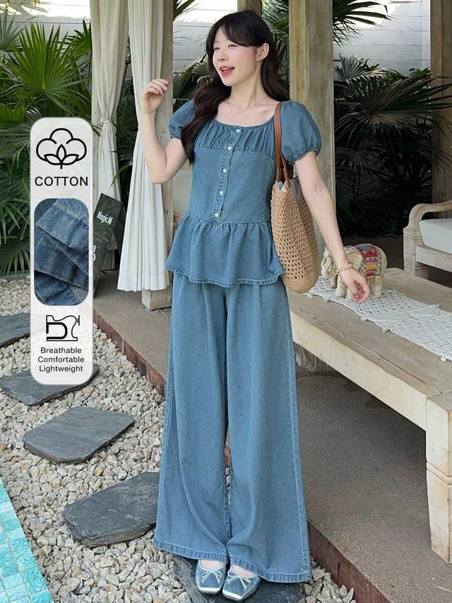blue denim peplum top with matching wide-leg trousers