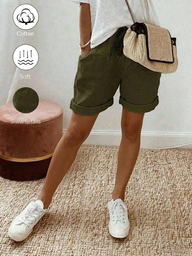 army green linen blend drawstring rolled hem shorts