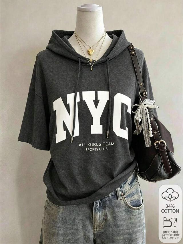 charcoal grey short sleeve graphic hoodie t-shirt