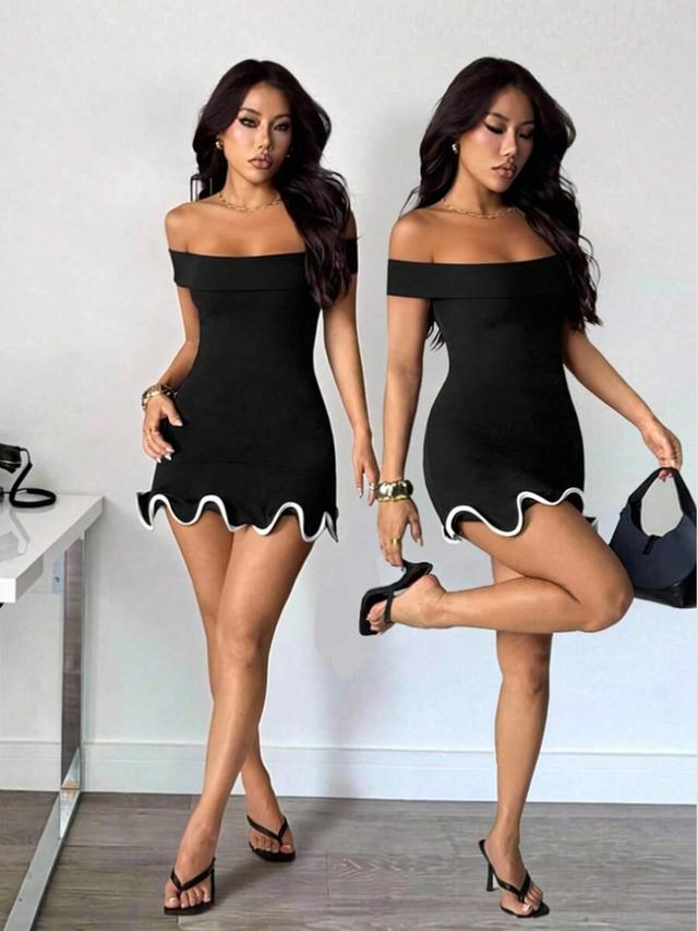 black and white off-shoulder ruffle hem mini dress