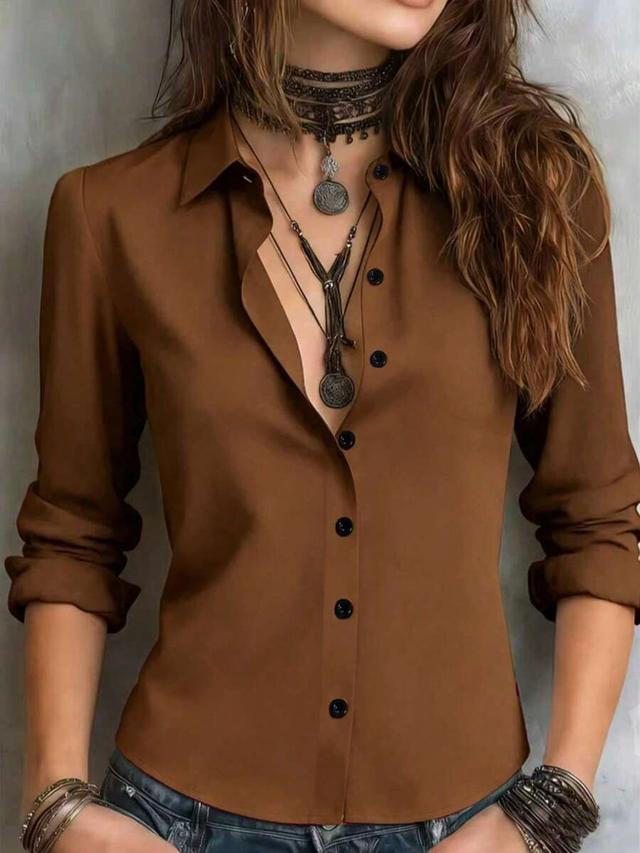 women's solid brown long sleeve collared button-up shirt
