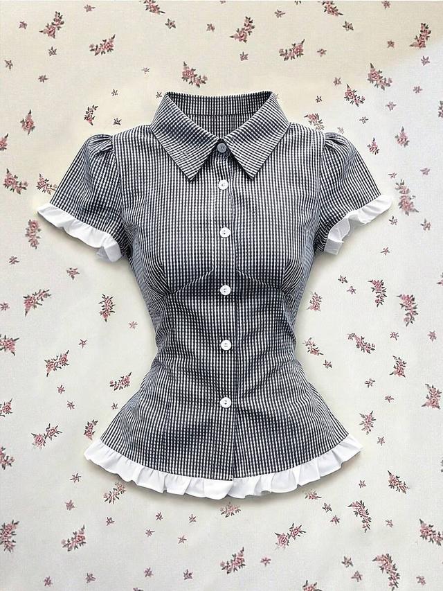 blue plaid shirt with ruffle trim and collar