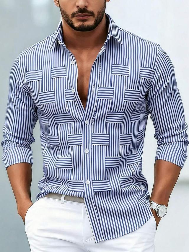 men's striped geometric patchwork long sleeve shirt