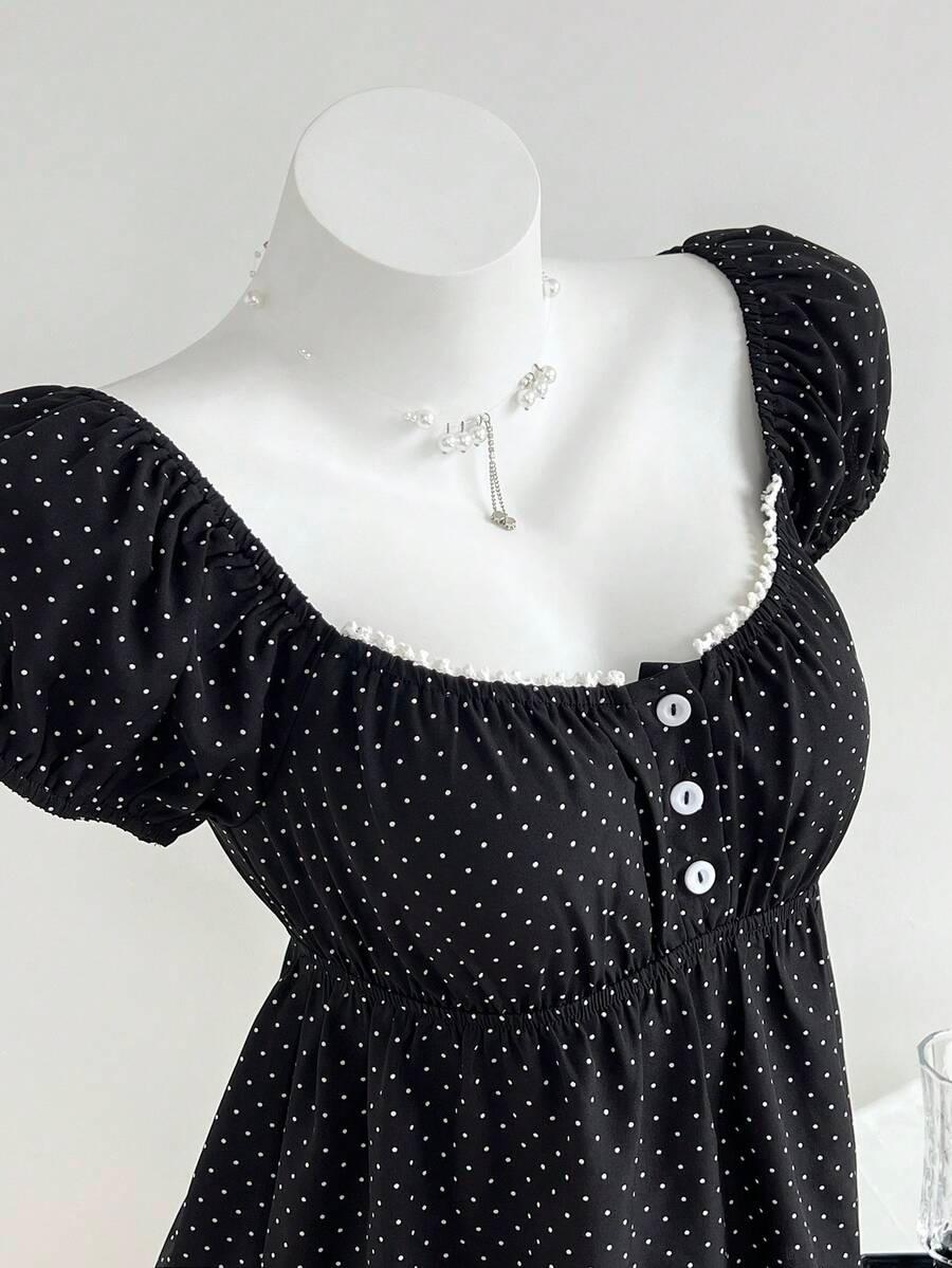 black polka dot square neck short sleeve blouse