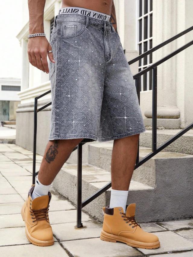 rhinestone embellished washed distressed denim shorts