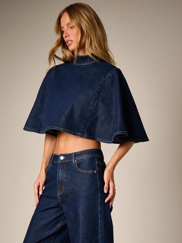 dark wash denim cape cropped top with high neck