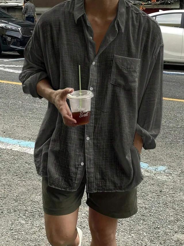 men's solid color long sleeve loose casual shirt