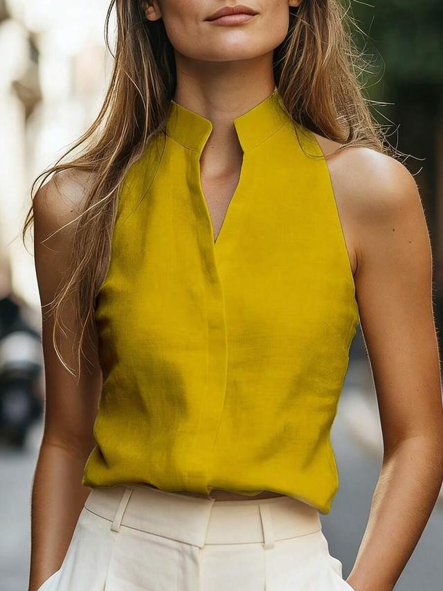 yellow sleeveless stand collar linen-like tank top