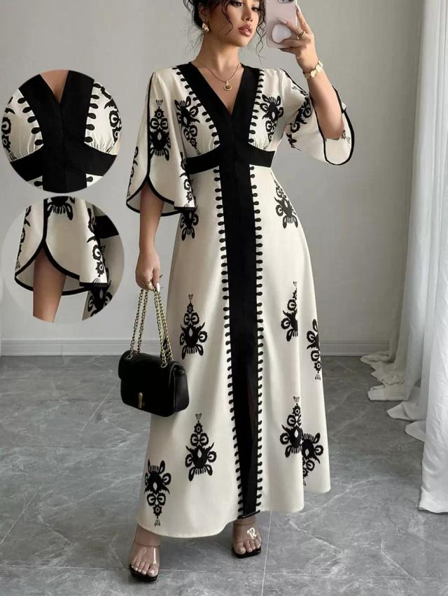 colorblock flare sleeve graphic print casual long dress