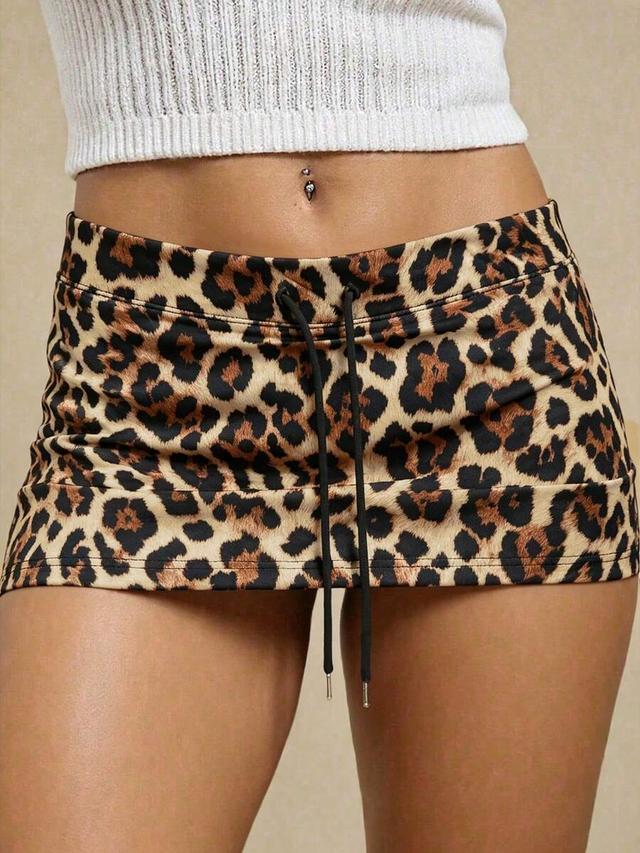 leopard print drawstring low waist mini skirt