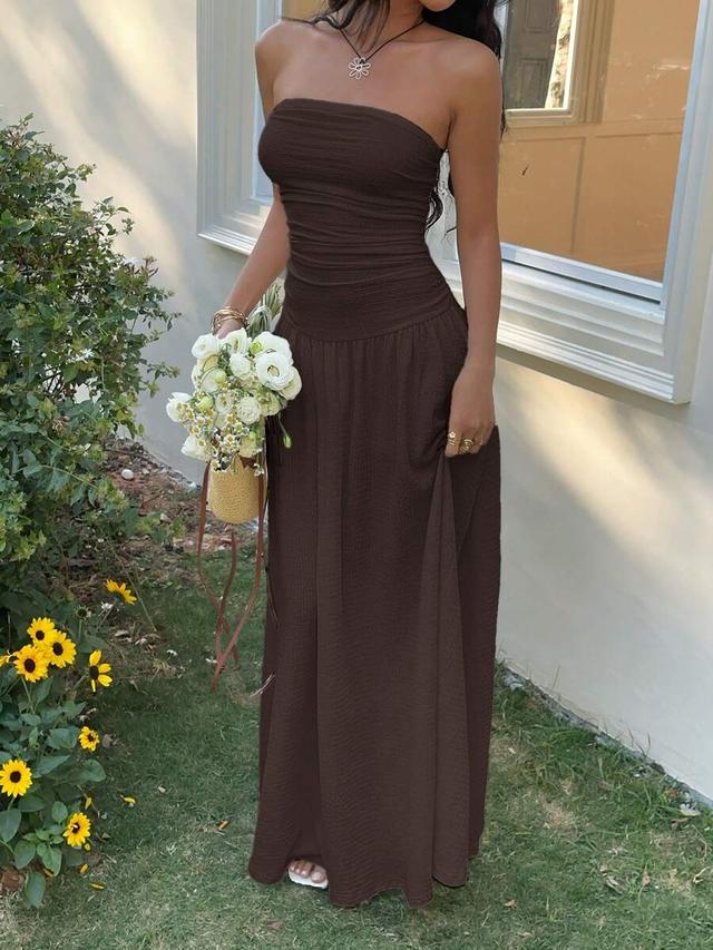 brown strapless ruched bodice maxi dress