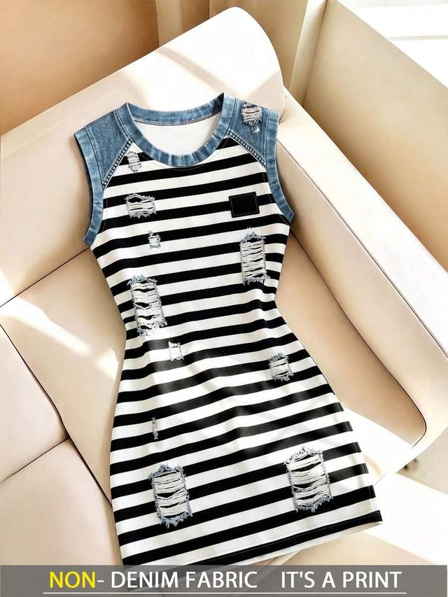 striped distressed cotton jersey mini dress