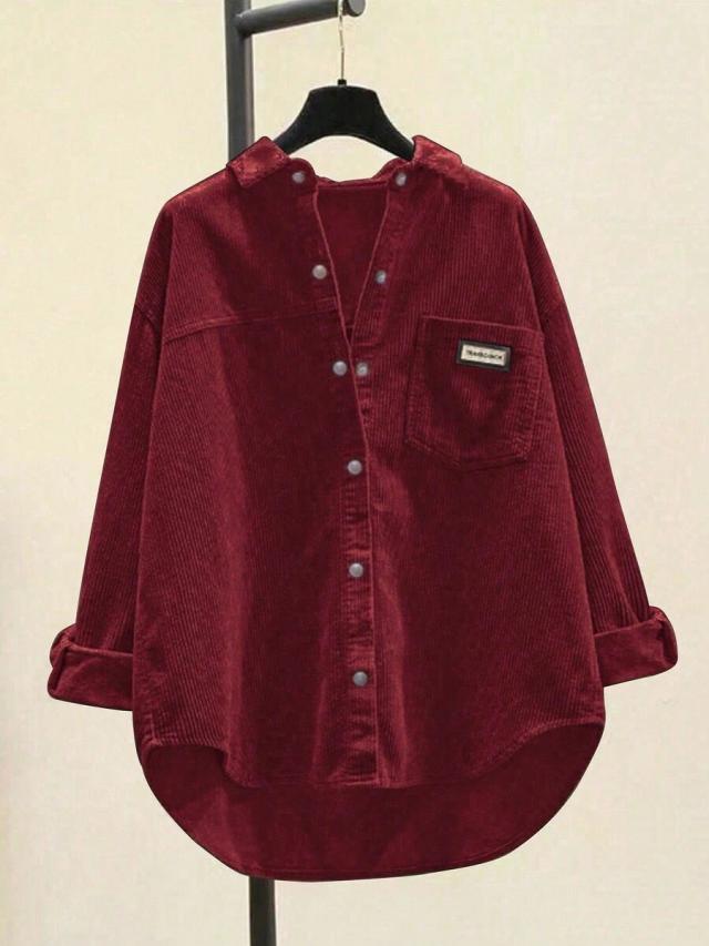 oversized burgundy corduroy button-up shirt jacket