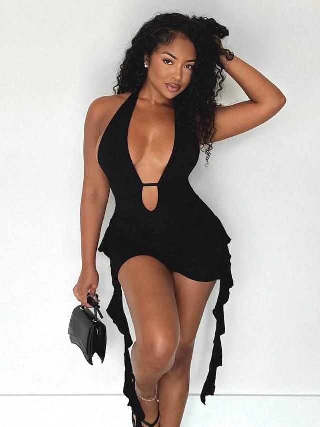 black halter neck mini dress with side ruffles