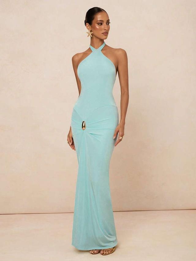aqua blue halter neck bodycon maxi dress