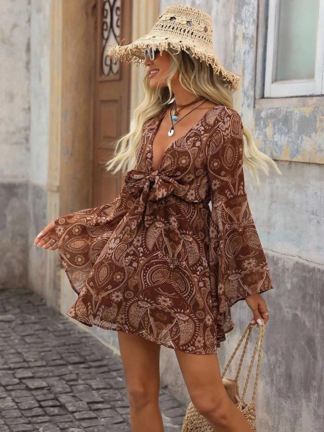 brown paisley print v-neck front-tie bell sleeve dress