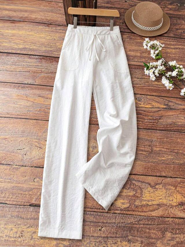 white linen-look casual wide leg trousers
