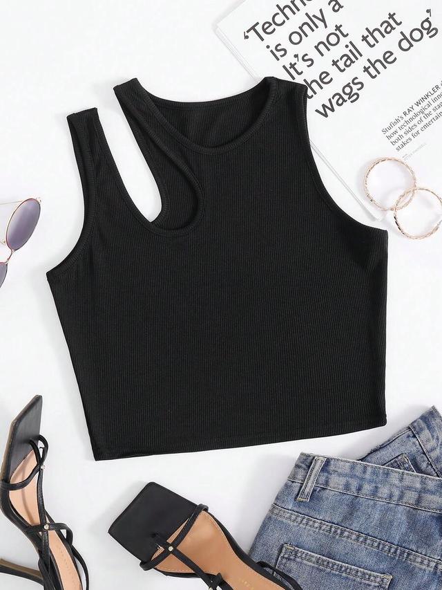 rovax solid black ribbed knit cut out tank top