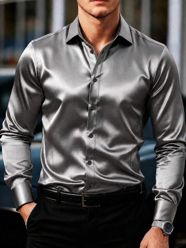 men's silver grey satin long sleeve formal shirt