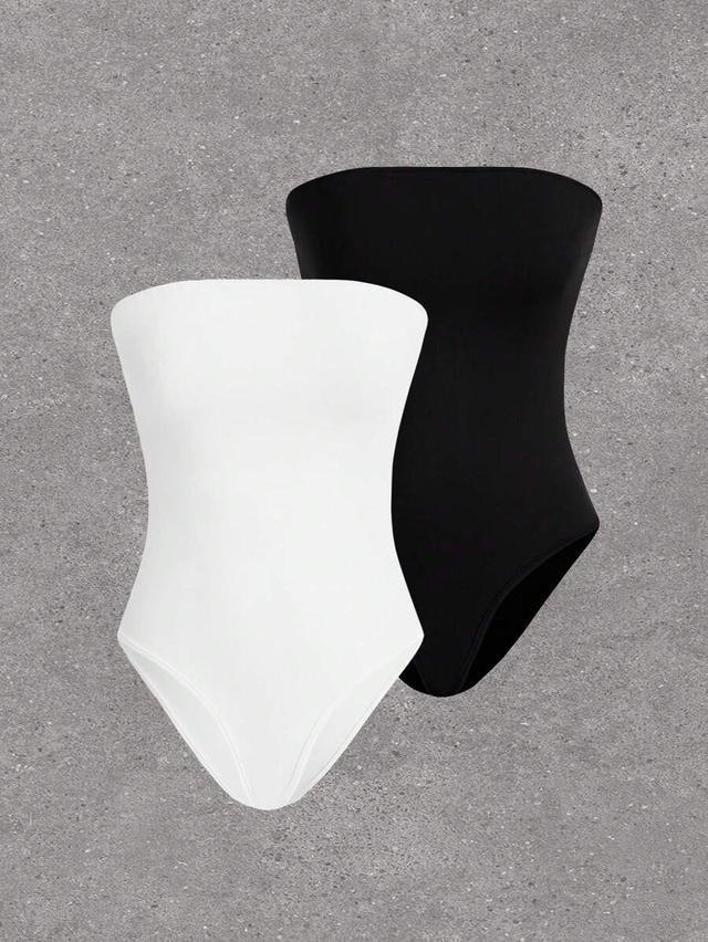 black strapless seamless thong bodysuit shapewear set
