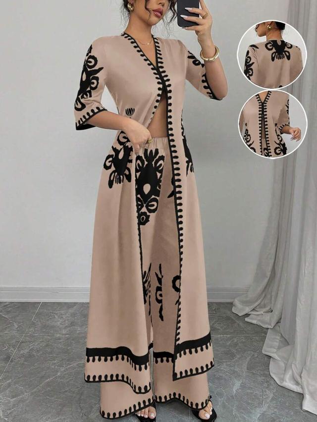 patterned woven v-neck shirt and matching wide-leg trousers set