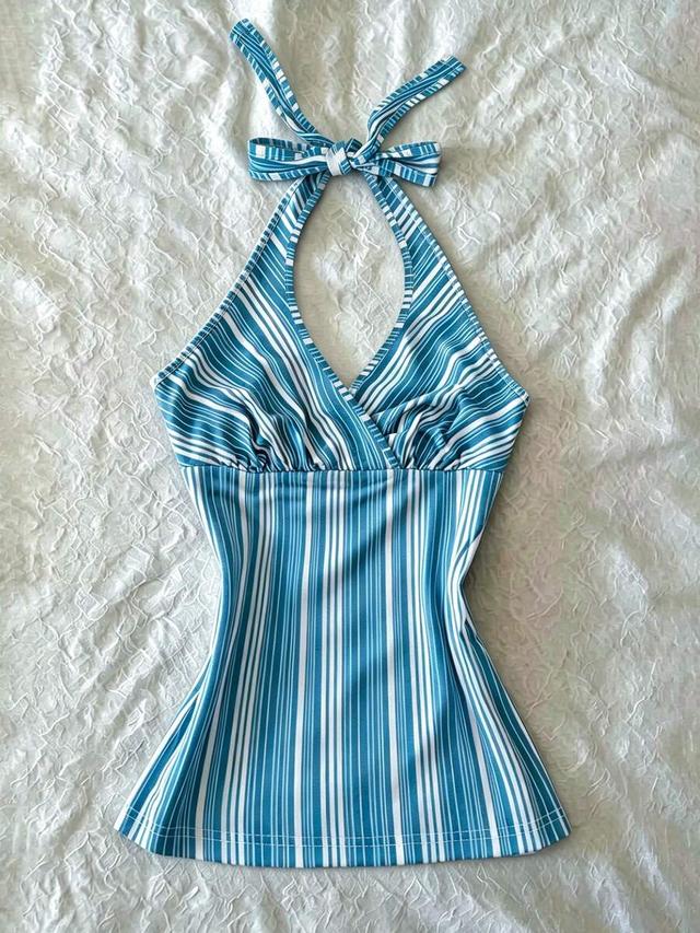 islasuriya digital print striped halter backless tie camisole