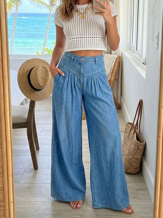 women's high waist gathered wide leg light wash jeans