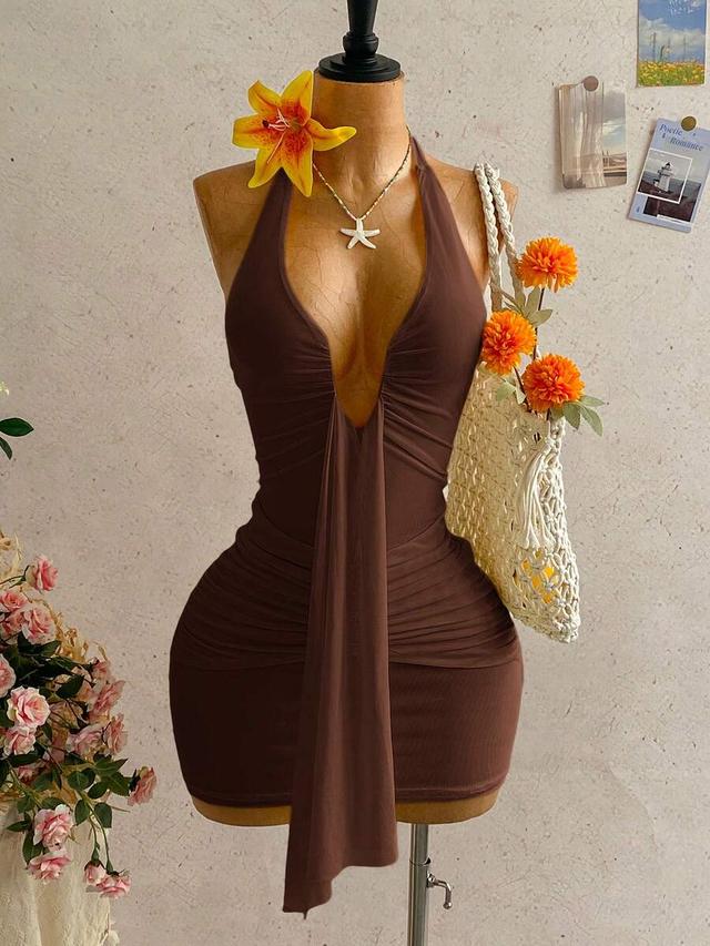 solid brown halter neck ruched backless mini dress